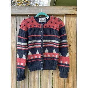 Vintage Woolrich The Woman Hand Knitted Gray Pink Pom Wool Sweater Sz S